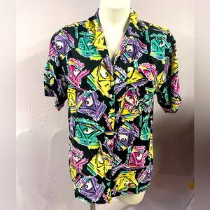 Preowned French Navy Retro 80s 90s Geometric Neon Shapes Polo Shirt Men's 10-12